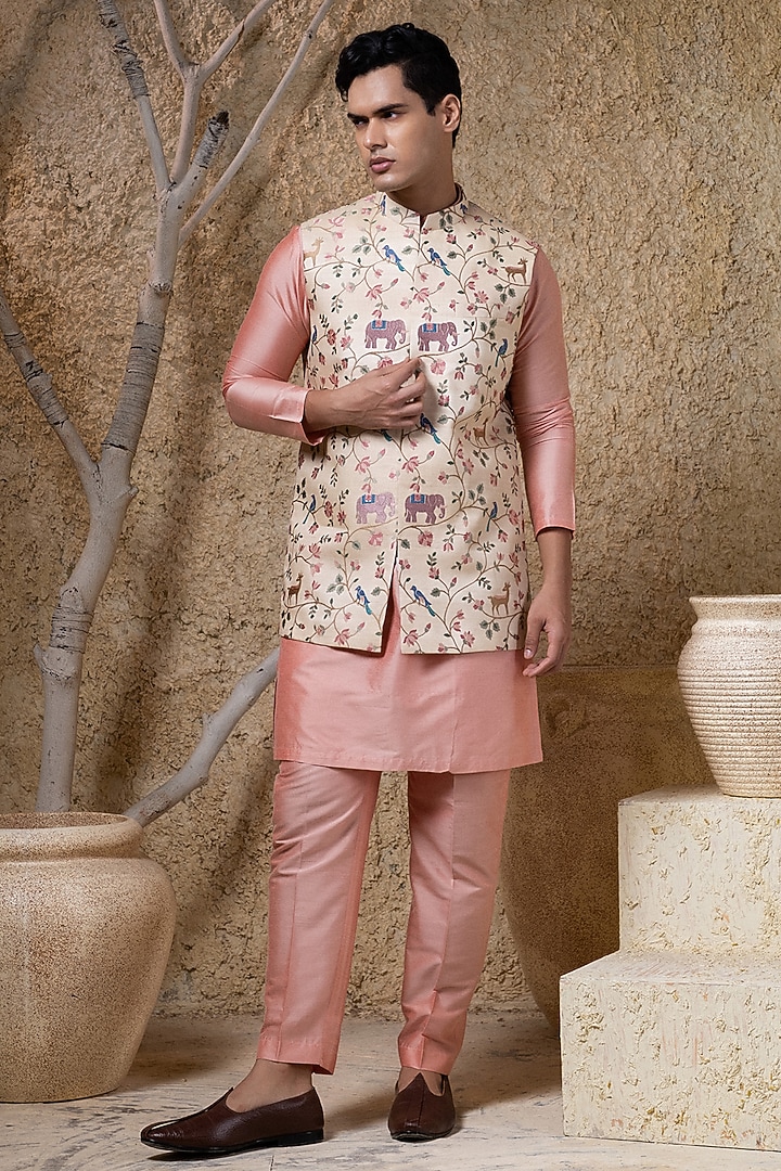 Beige Cotton Silk Embroidered & Printed Nehru Jacket Set by Darshika at Pernia's Pop Up Shop