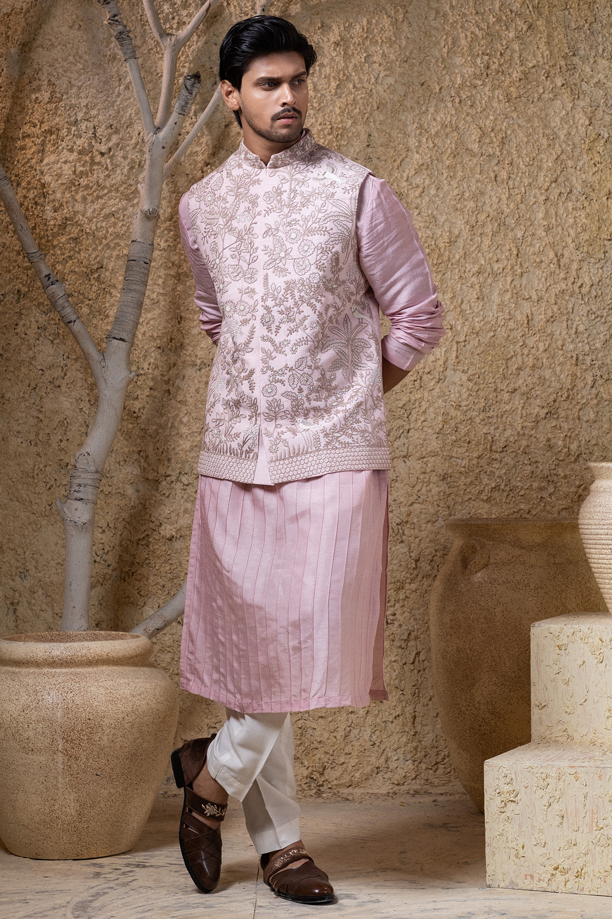 Pink Viscose Silk Hand Embroidered & Printed Nehru Jacket Set by Darshika