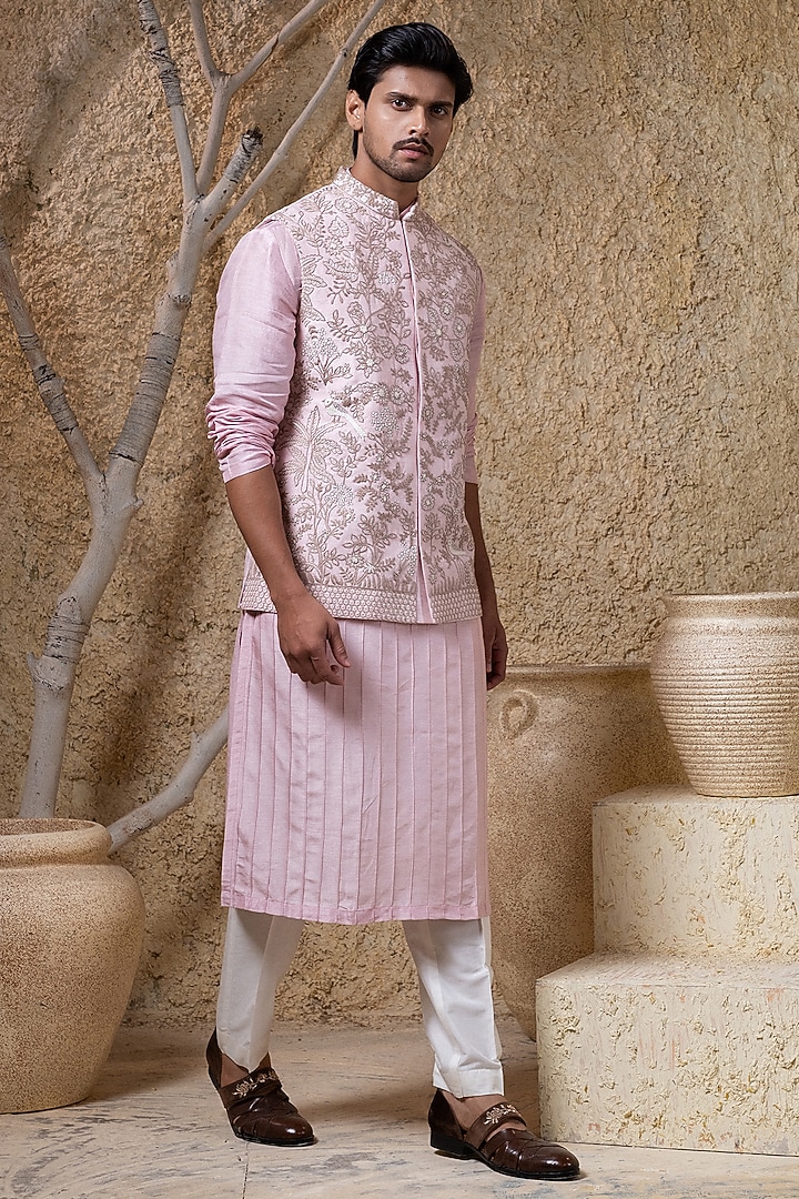 Pink Viscose Silk Hand Embroidered & Printed Nehru Jacket Set by Darshika at Pernia's Pop Up Shop