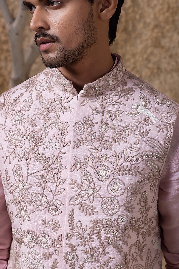 Pink Viscose Silk Hand Embroidered & Printed Nehru Jacket Set by Darshika at Pernia's Pop Up Shop