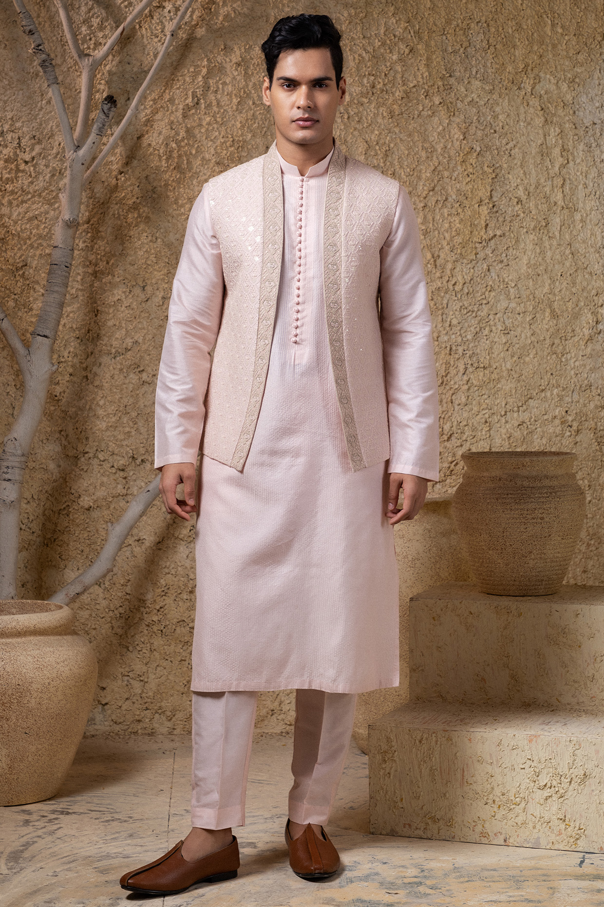 Pink Cotton Silk Thread Embroidered Indowestern Jacket Set by Darshika