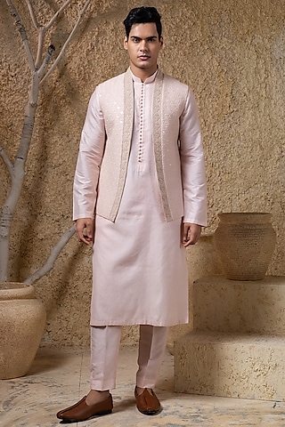 Pink Cotton Silk Thread Embroidered Indowestern Jacket Set by Darshika