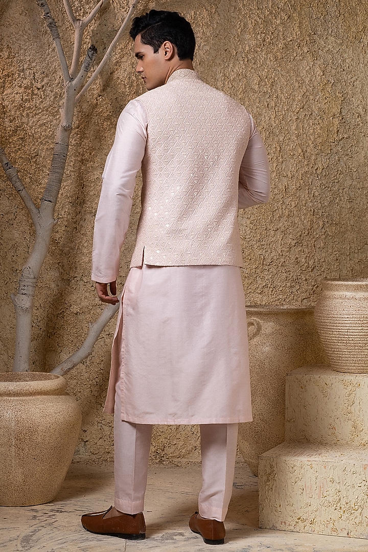 Pink Cotton Silk Thread Embroidered Wedding Indowestern Jacket Set by Darshika at Pernia's Pop Up Shop