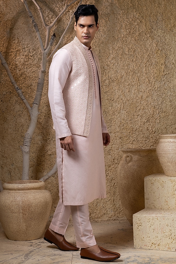 Pink Cotton Silk Thread Embroidered Wedding Indowestern Jacket Set by Darshika at Pernia's Pop Up Shop