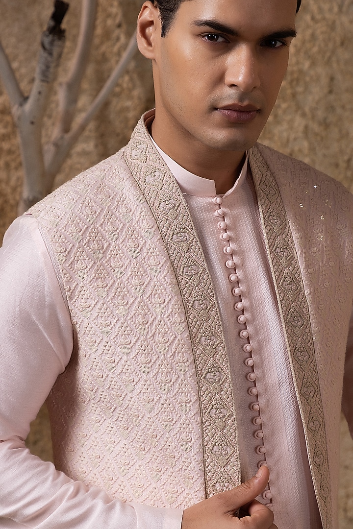 Pink Cotton Silk Thread Embroidered Wedding Indowestern Jacket Set by Darshika at Pernia's Pop Up Shop
