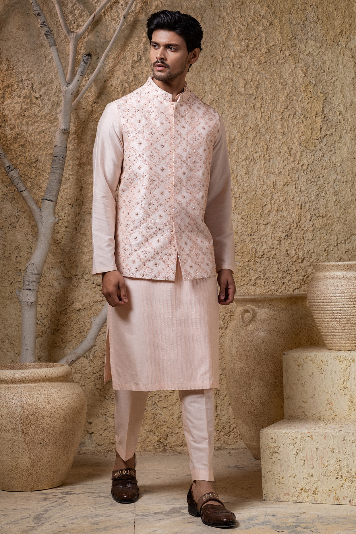 Pink Cotton Silk Hand Embroidered Nehru Jacket Set by Darshika