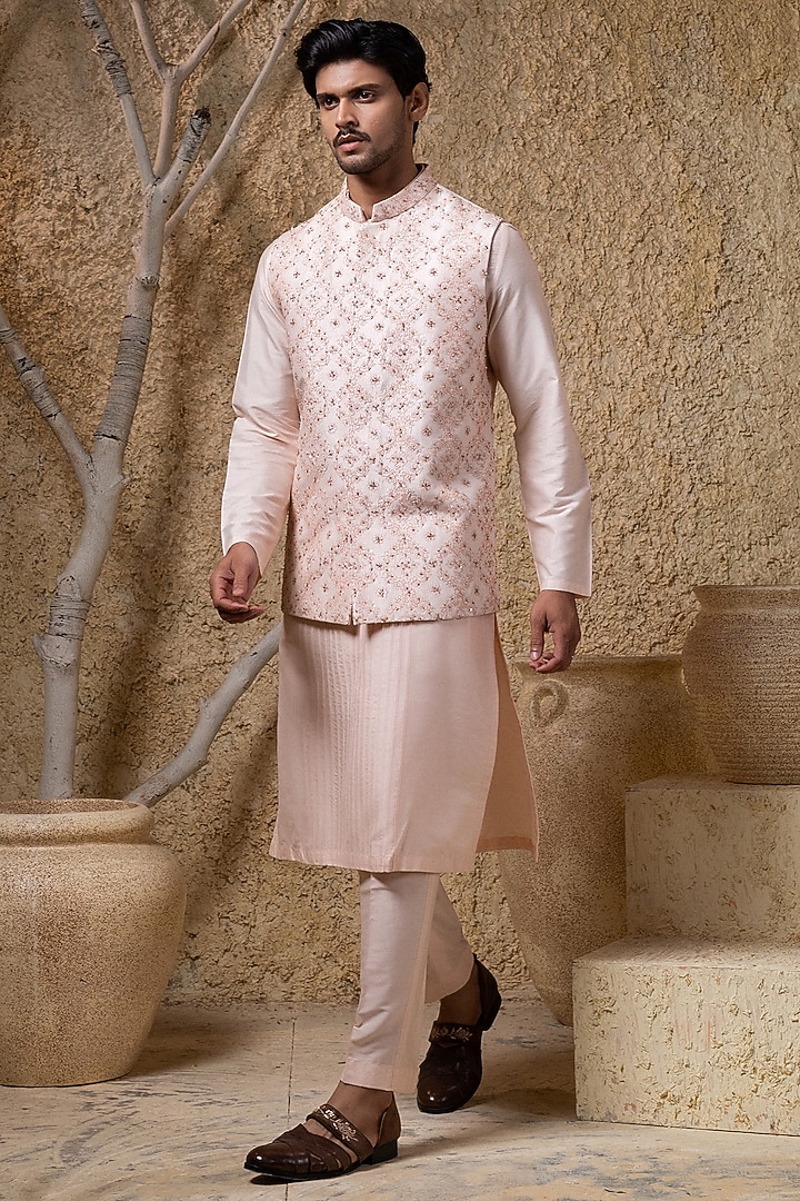 Pink Cotton Silk Hand Embroidered Nehru Jacket Set by Darshika at Pernia's Pop Up Shop