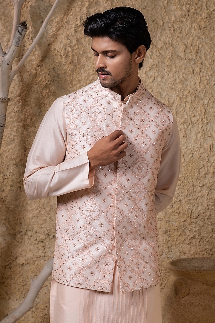 Pink Cotton Silk Hand Embroidered Nehru Jacket Set by Darshika at Pernia's Pop Up Shop