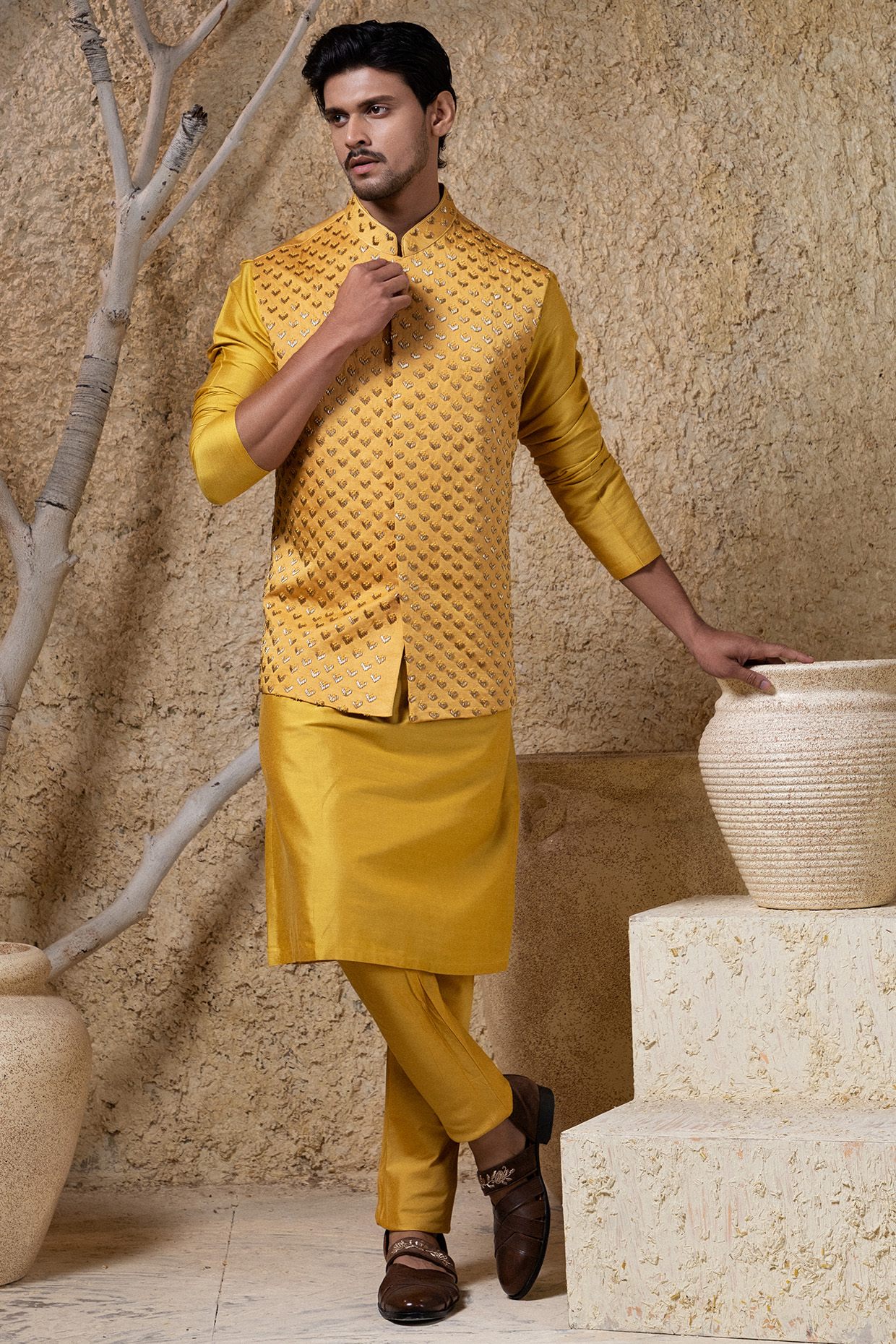 Mustard Yellow Cotton Silk Hand Embroidered Nehru Jacket Set by Darshika