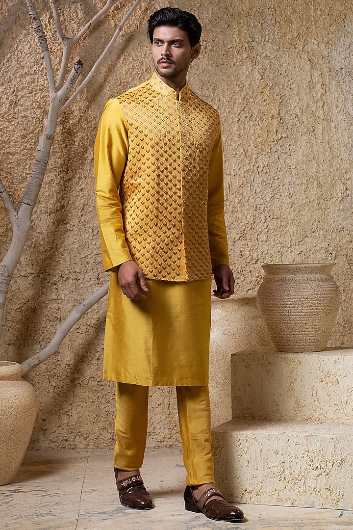 Mustard Yellow Cotton Silk Hand Embroidered Nehru Jacket Set by Darshika at Pernia's Pop Up Shop