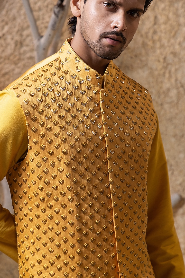 Mustard Yellow Cotton Silk Hand Embroidered Nehru Jacket Set by Darshika at Pernia's Pop Up Shop