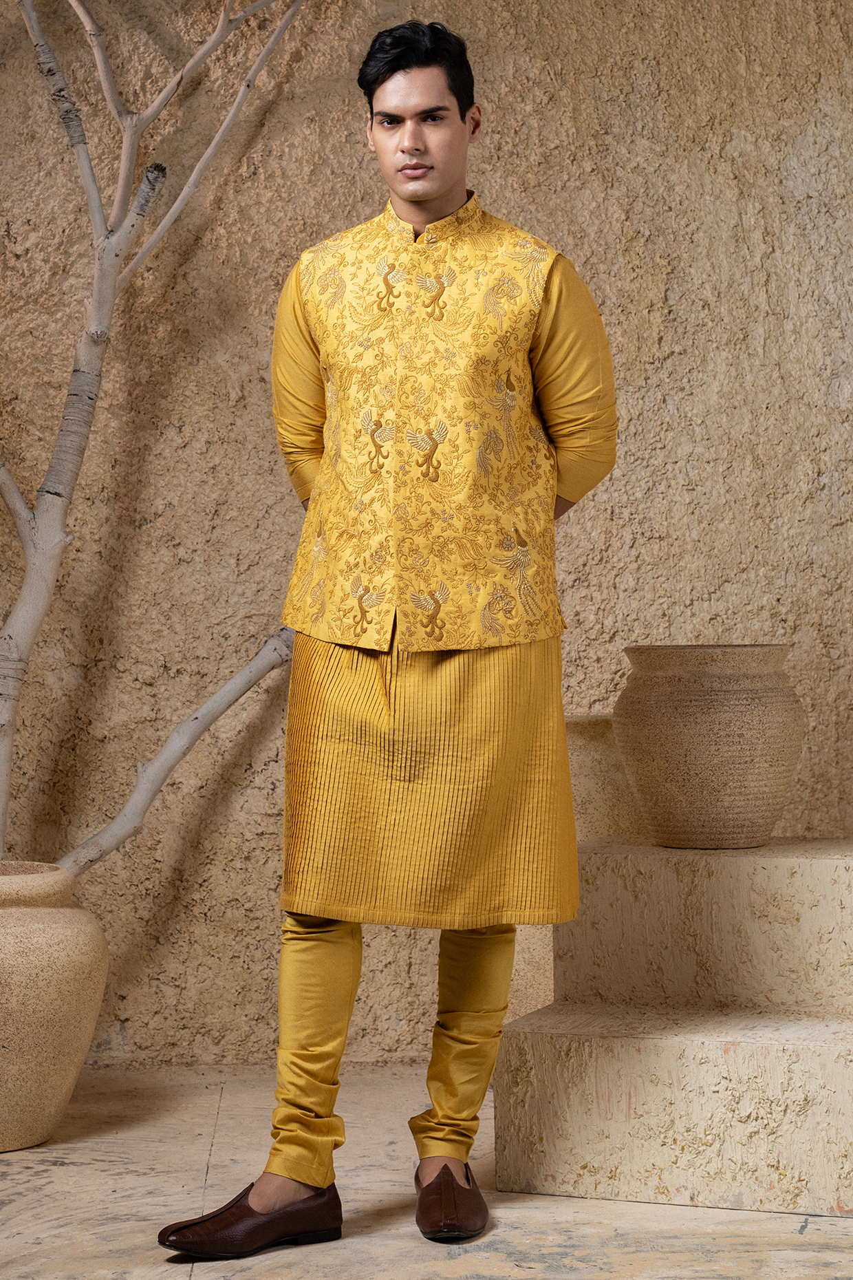 Mustard Yellow Cotton Silk Hand Embroidered Nehru Jacket Set by Darshika