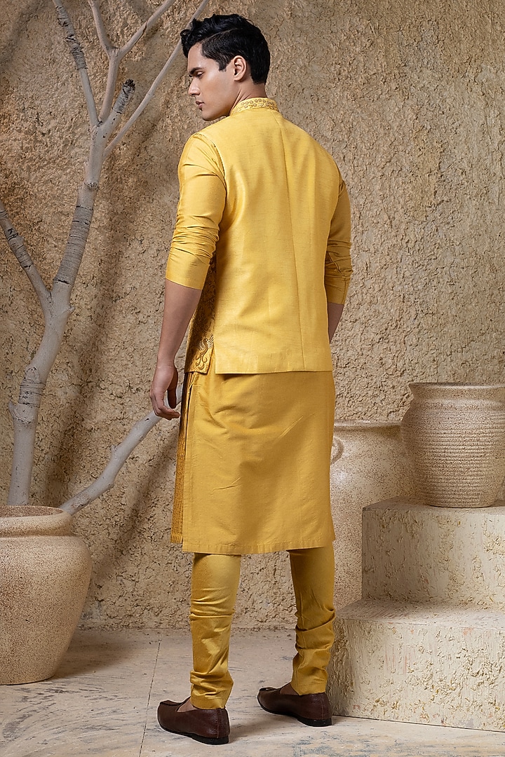 Mustard Yellow Cotton Silk Hand Embroidered Nehru Jacket Set by Darshika at Pernia's Pop Up Shop