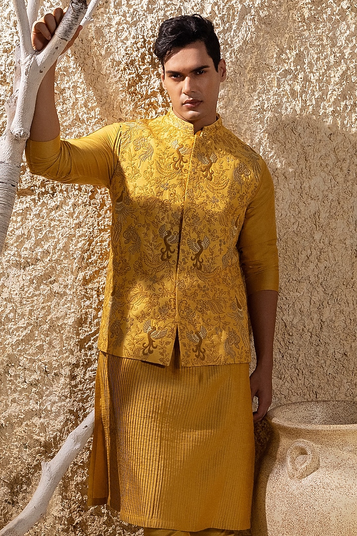 Mustard Yellow Cotton Silk Hand Embroidered Nehru Jacket Set by Darshika at Pernia's Pop Up Shop