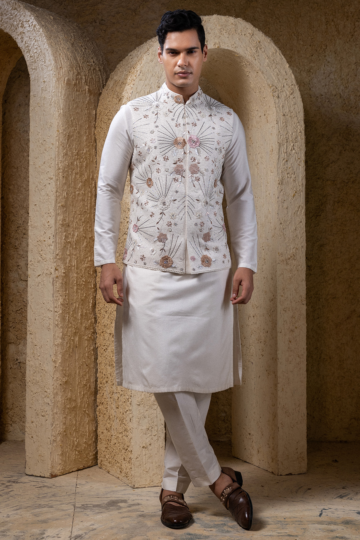 White Cotton Silk Embroidered & Printed Nehru Jacket Set by Darshika