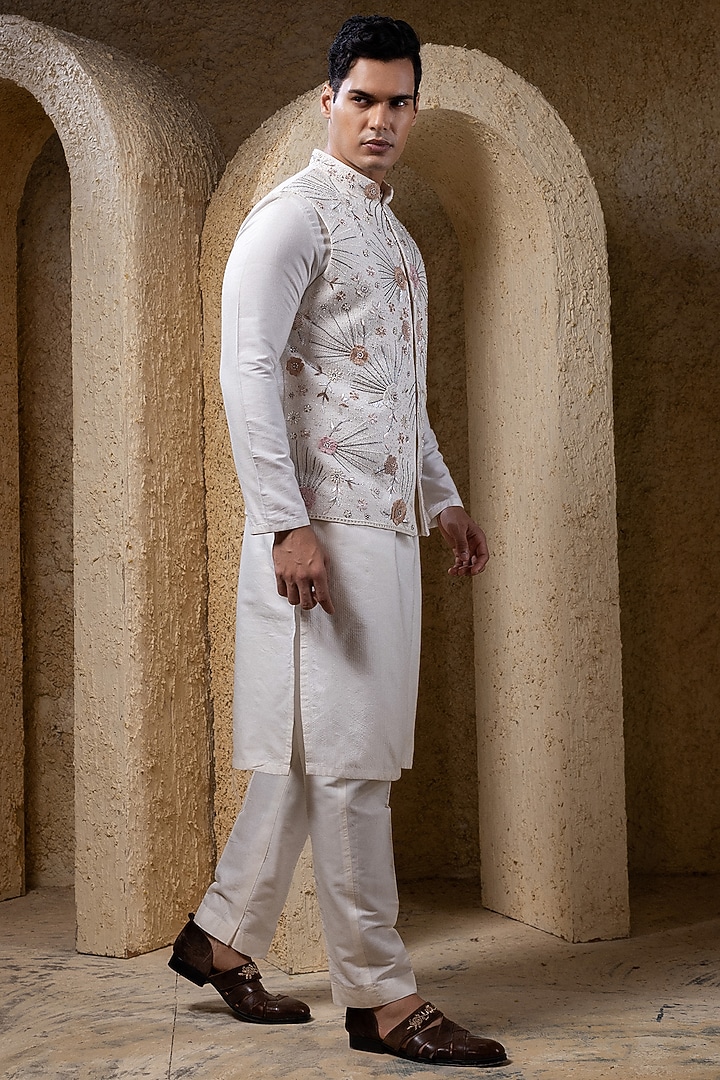 White Cotton Silk Embroidered & Printed Nehru Jacket Set by Darshika at Pernia's Pop Up Shop
