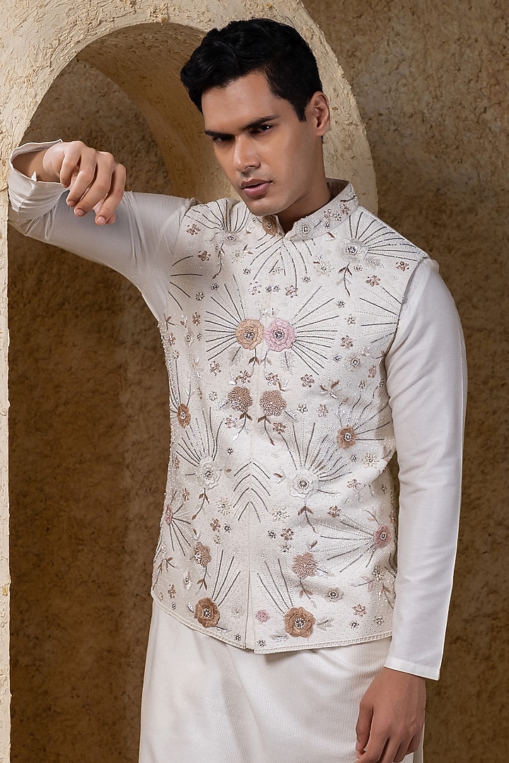 White Cotton Silk Embroidered & Printed Nehru Jacket Set by Darshika at Pernia's Pop Up Shop