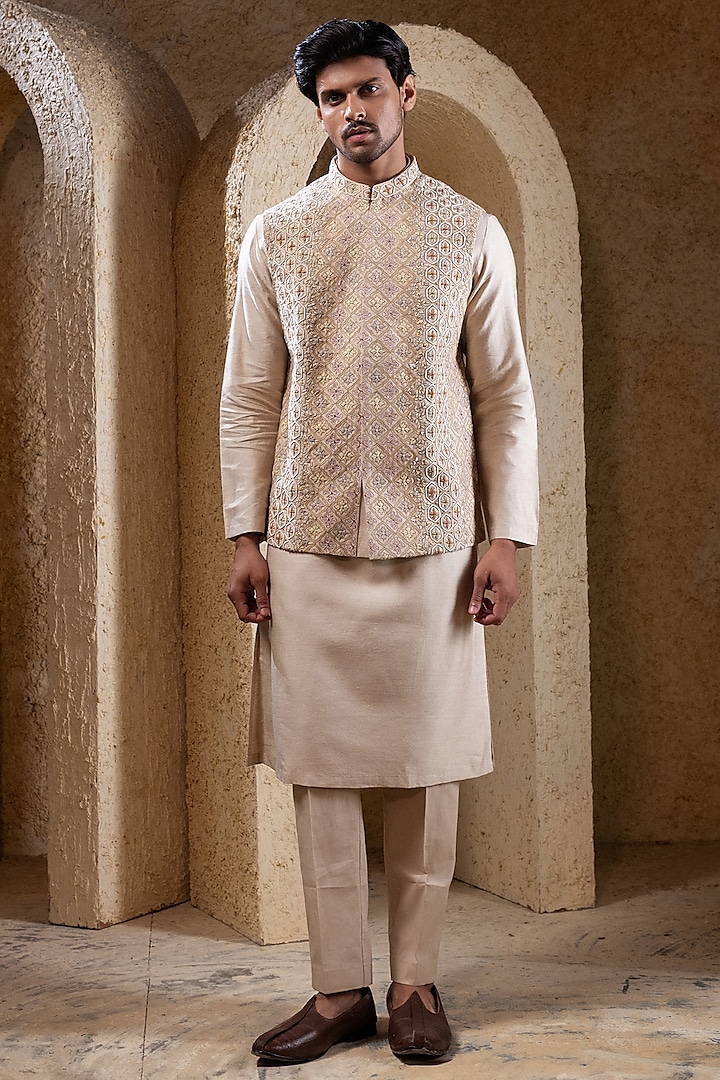 Beige Silk Hand Embroidered Nehru Jacket Set by Darshika