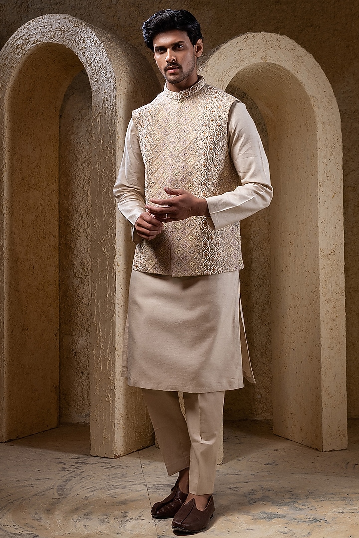 Beige Silk Hand Embroidered Nehru Jacket Set by Darshika at Pernia's Pop Up Shop