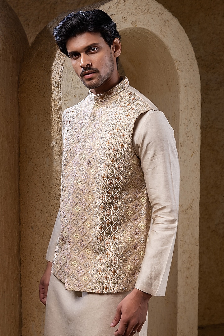 Beige Silk Hand Embroidered Nehru Jacket Set by Darshika at Pernia's Pop Up Shop