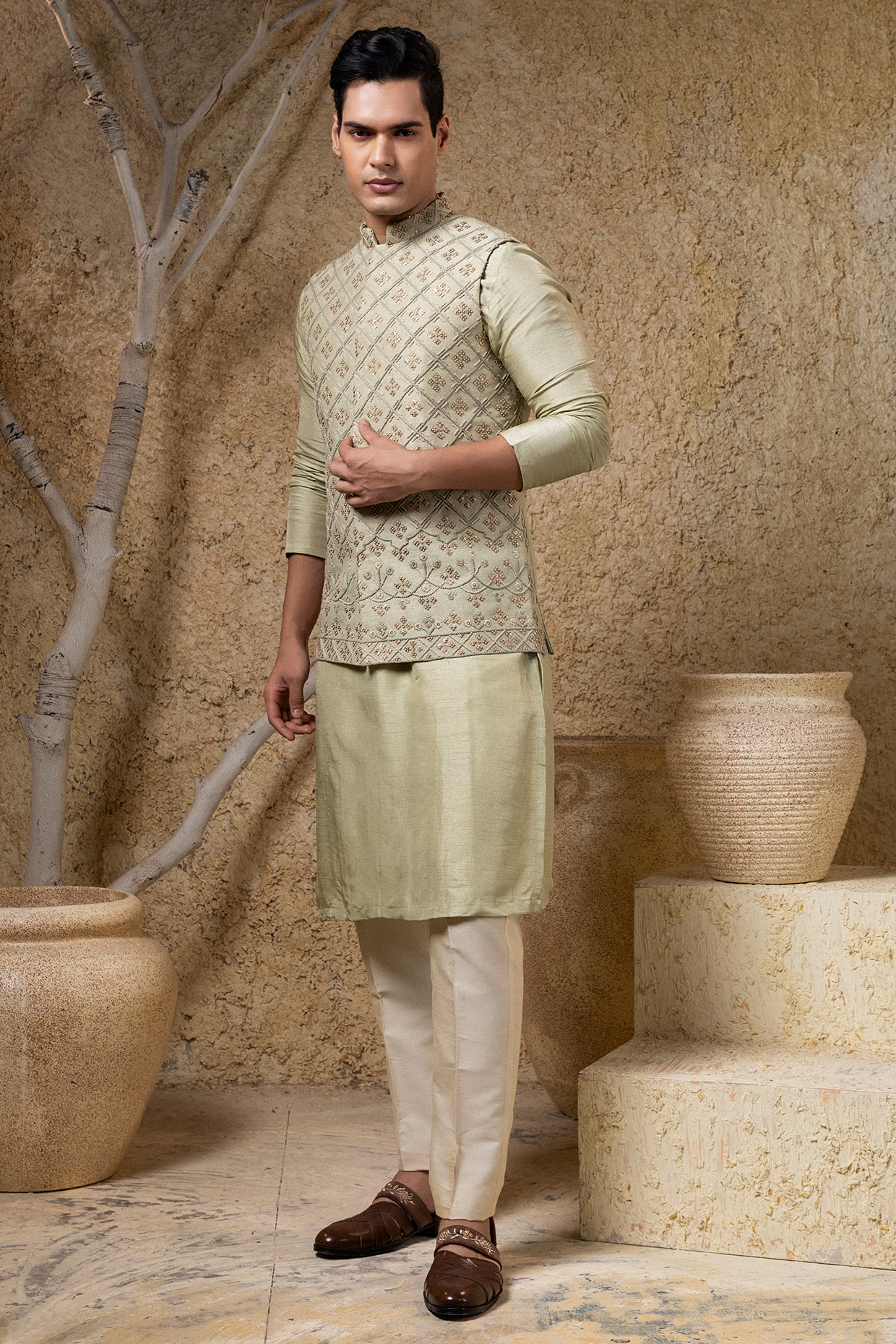 Green Viscose Silk Hand Embroidered Nehru Jacket Set by Darshika