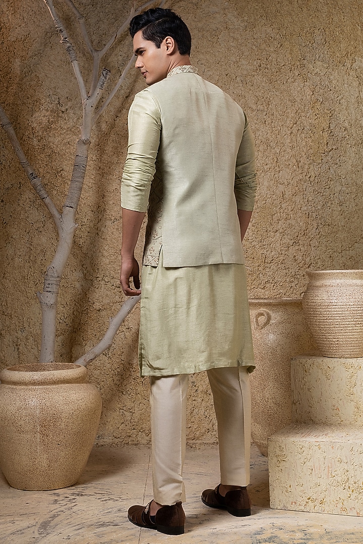 Green Viscose Silk Hand Embroidered Nehru Jacket Set by Darshika at Pernia's Pop Up Shop