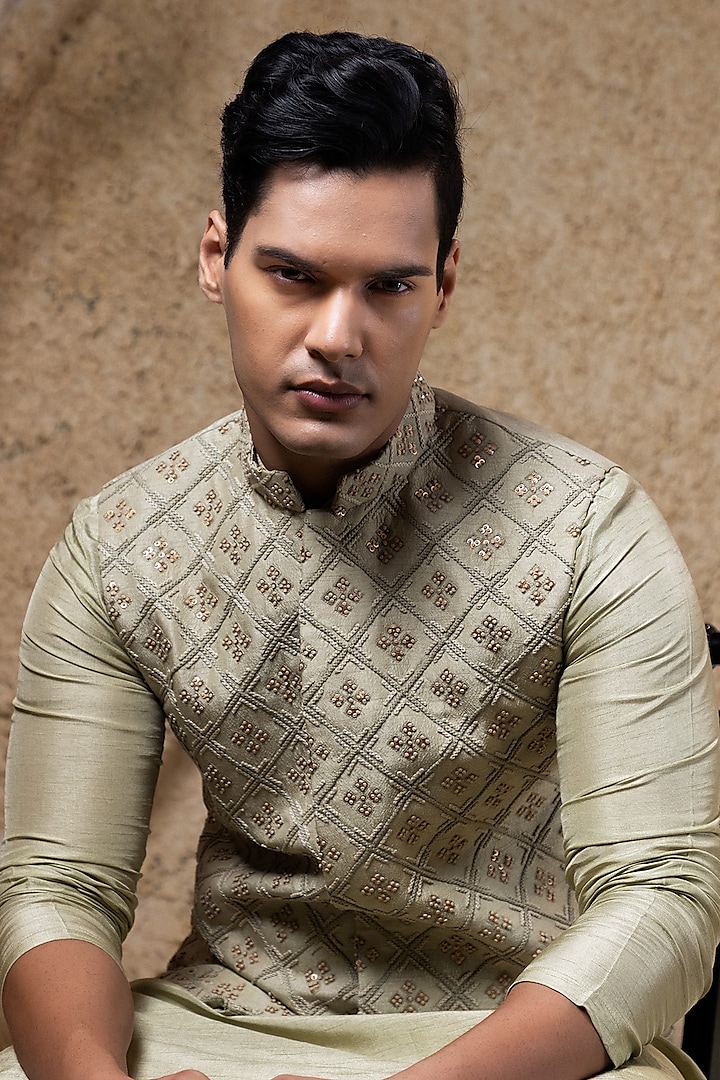 Green Viscose Silk Hand Embroidered Nehru Jacket Set by Darshika at Pernia's Pop Up Shop