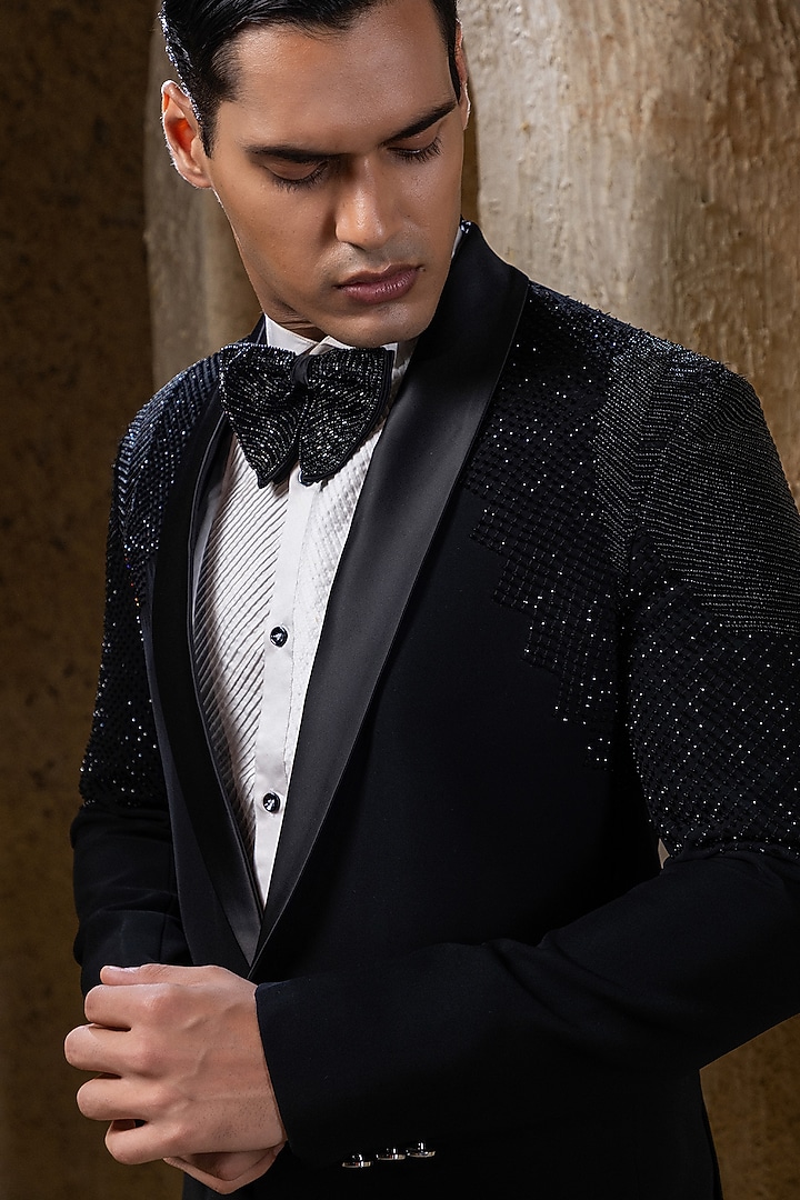 Black Suiting Hand Embroidered Tuxedo Jacket Set by Darshika at Pernia's Pop Up Shop
