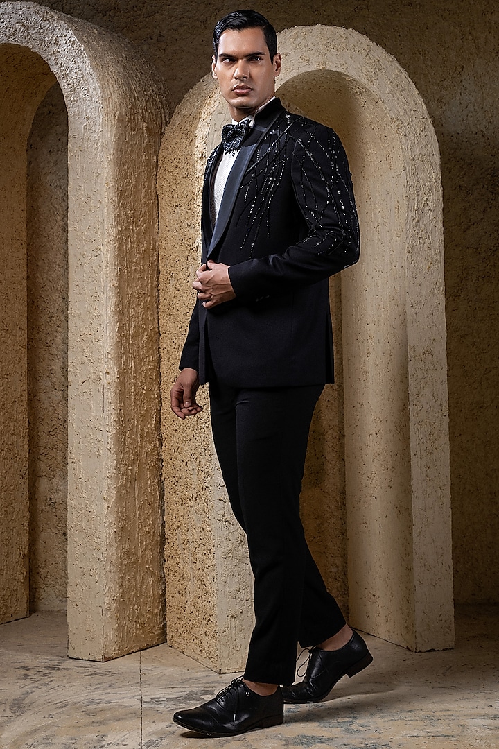 Black Suiting Hand Embroidered Tuxedo Jacket Set by Darshika at Pernia's Pop Up Shop