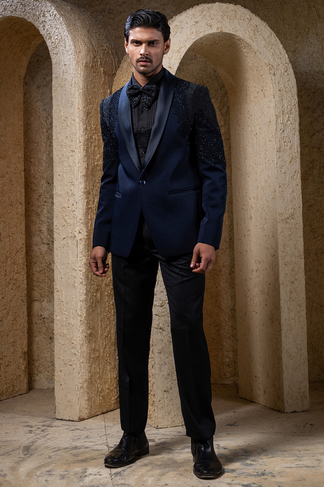 Navy Blue Suiting Hand Embroidered Tuxedo Jacket Set by Darshika