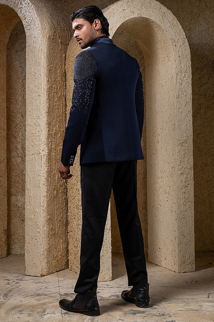 Navy Blue Suiting Hand Embroidered Tuxedo Jacket Set by Darshika at Pernia's Pop Up Shop