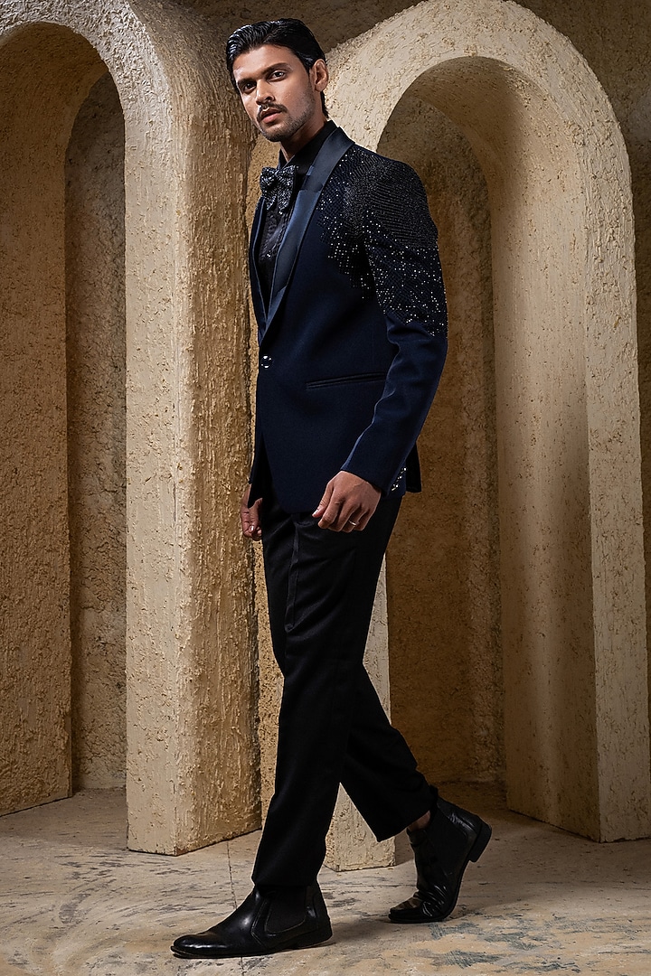 Navy Blue Suiting Hand Embroidered Tuxedo Jacket Set by Darshika at Pernia's Pop Up Shop