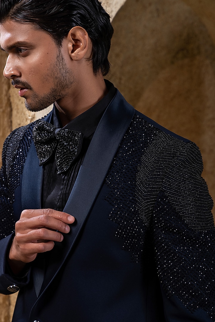 Navy Blue Suiting Hand Embroidered Tuxedo Jacket Set by Darshika at Pernia's Pop Up Shop