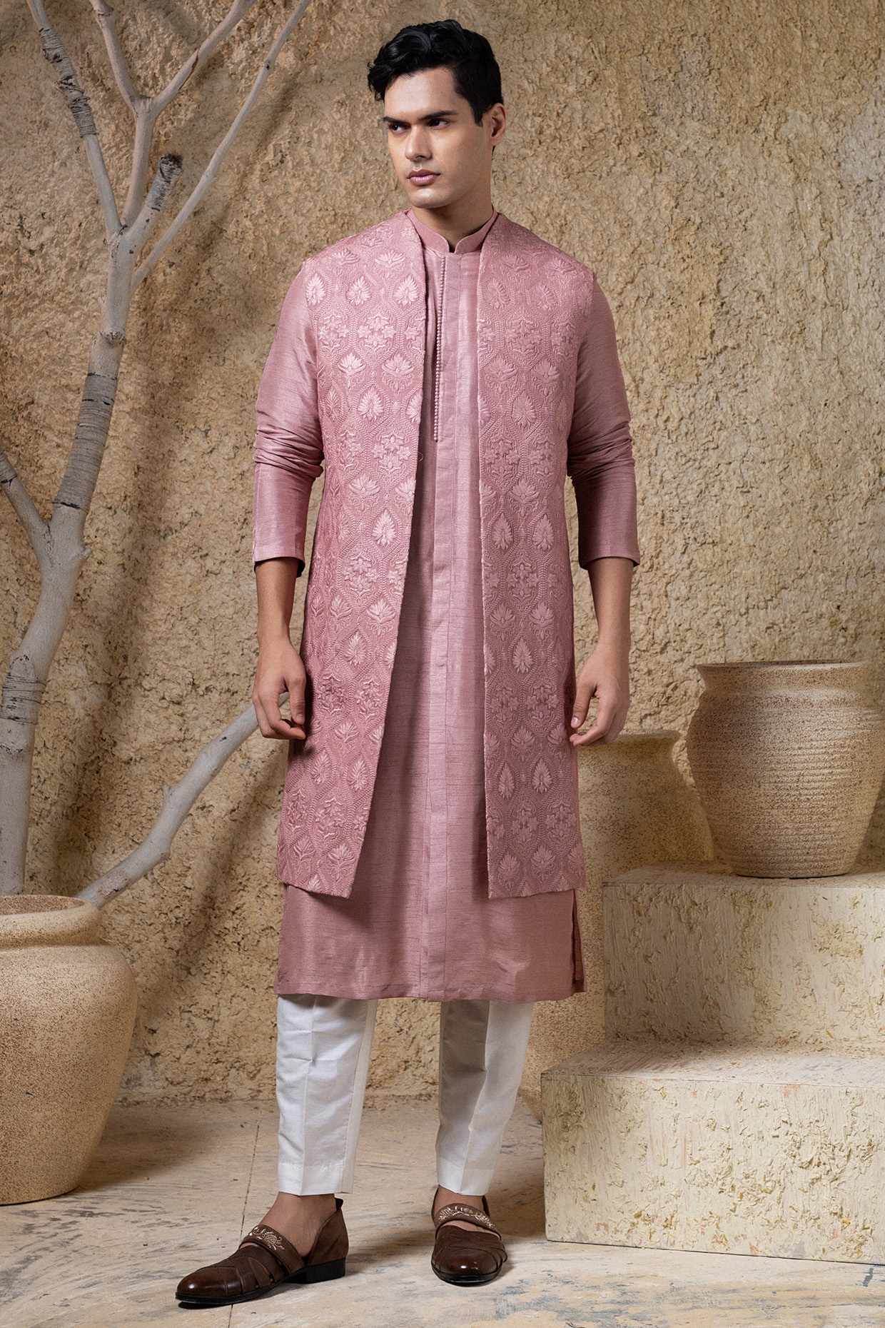 Dusky Pink Viscose Silk Thread Embroidered Indowestern Jacket Set by Darshika
