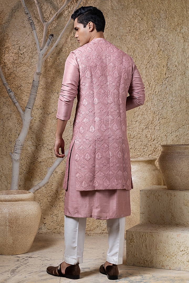 Dusky Pink Viscose Silk Thread Embroidered Wedding Indowestern Jacket Set by Darshika at Pernia's Pop Up Shop