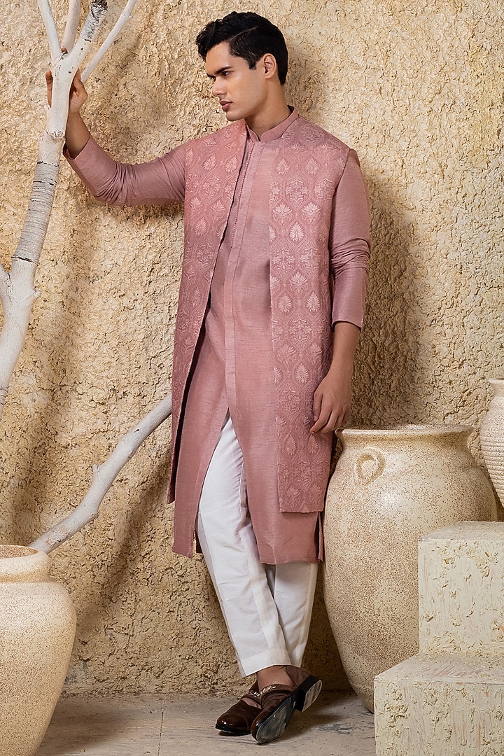 Dusky Pink Viscose Silk Thread Embroidered Wedding Indowestern Jacket Set by Darshika at Pernia's Pop Up Shop