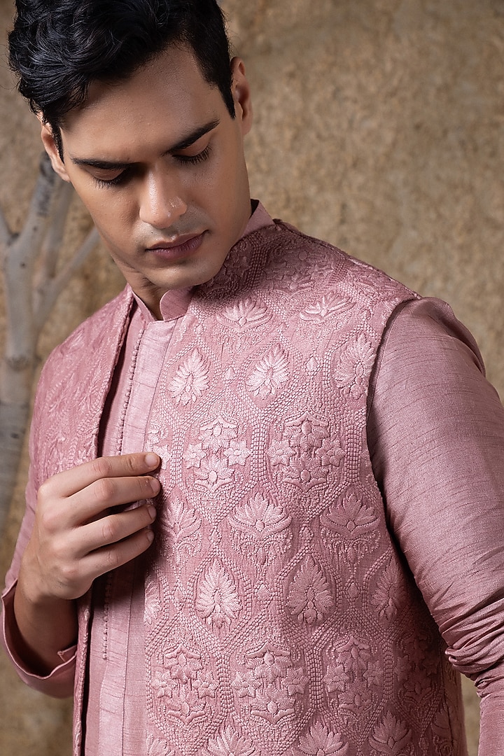 Dusky Pink Viscose Silk Thread Embroidered Wedding Indowestern Jacket Set by Darshika at Pernia's Pop Up Shop