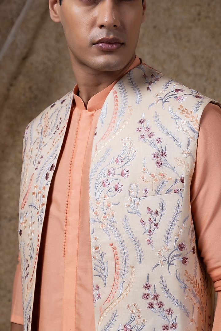 Beige Cotton Silk Thread Embroidered Wedding Indowestern Jacket Set by Darshika at Pernia's Pop Up Shop