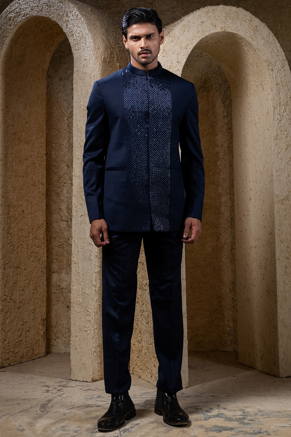 Navy Blue Suiting Thread Embroidered Bandhgala Set by Darshika