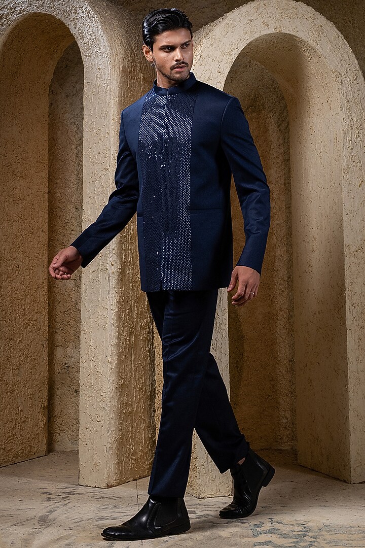 Navy Blue Suiting Thread Embroidered Wedding Bandhgala Set by Darshika at Pernia's Pop Up Shop