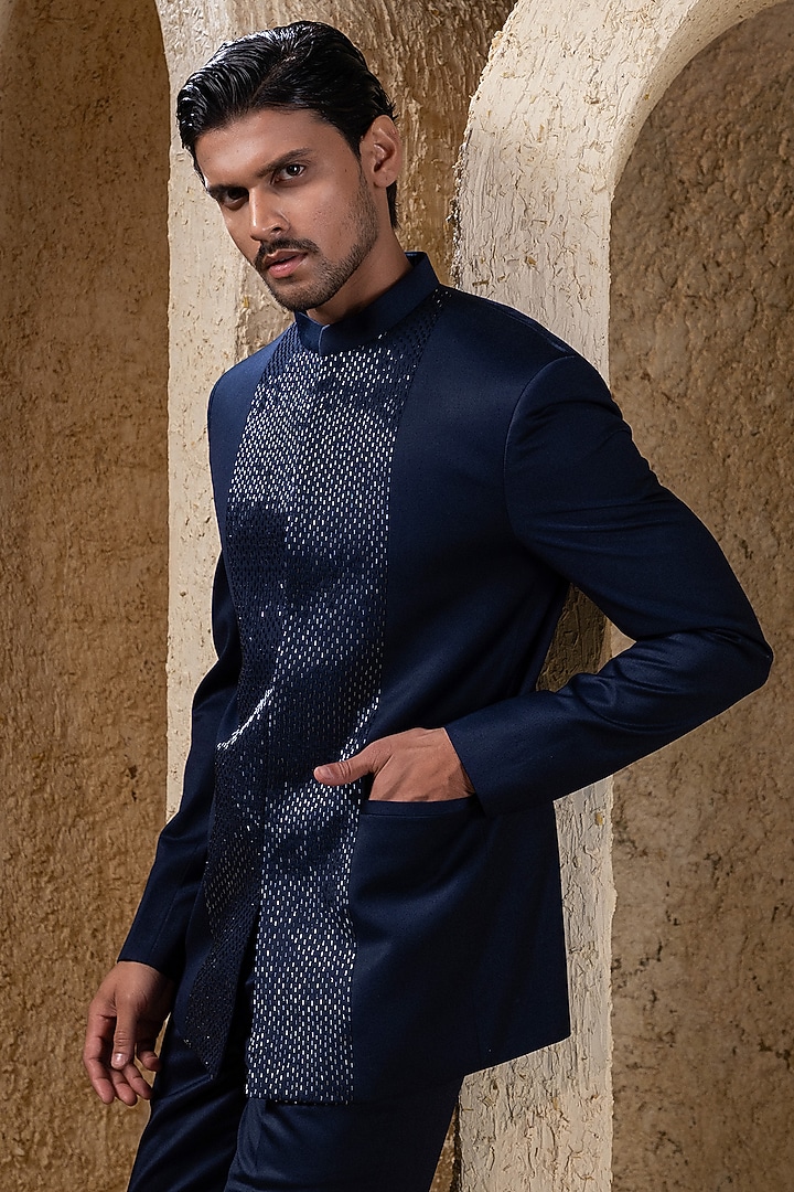 Navy Blue Suiting Thread Embroidered Wedding Bandhgala Set by Darshika at Pernia's Pop Up Shop