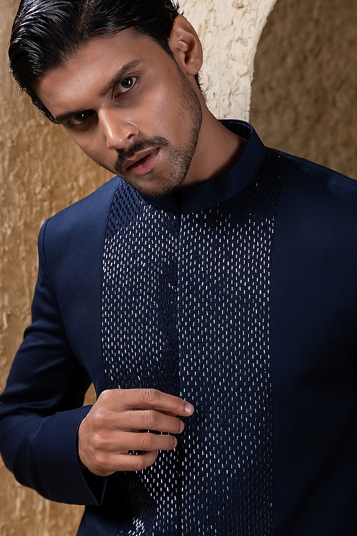 Navy Blue Suiting Thread Embroidered Wedding Bandhgala Set by Darshika at Pernia's Pop Up Shop