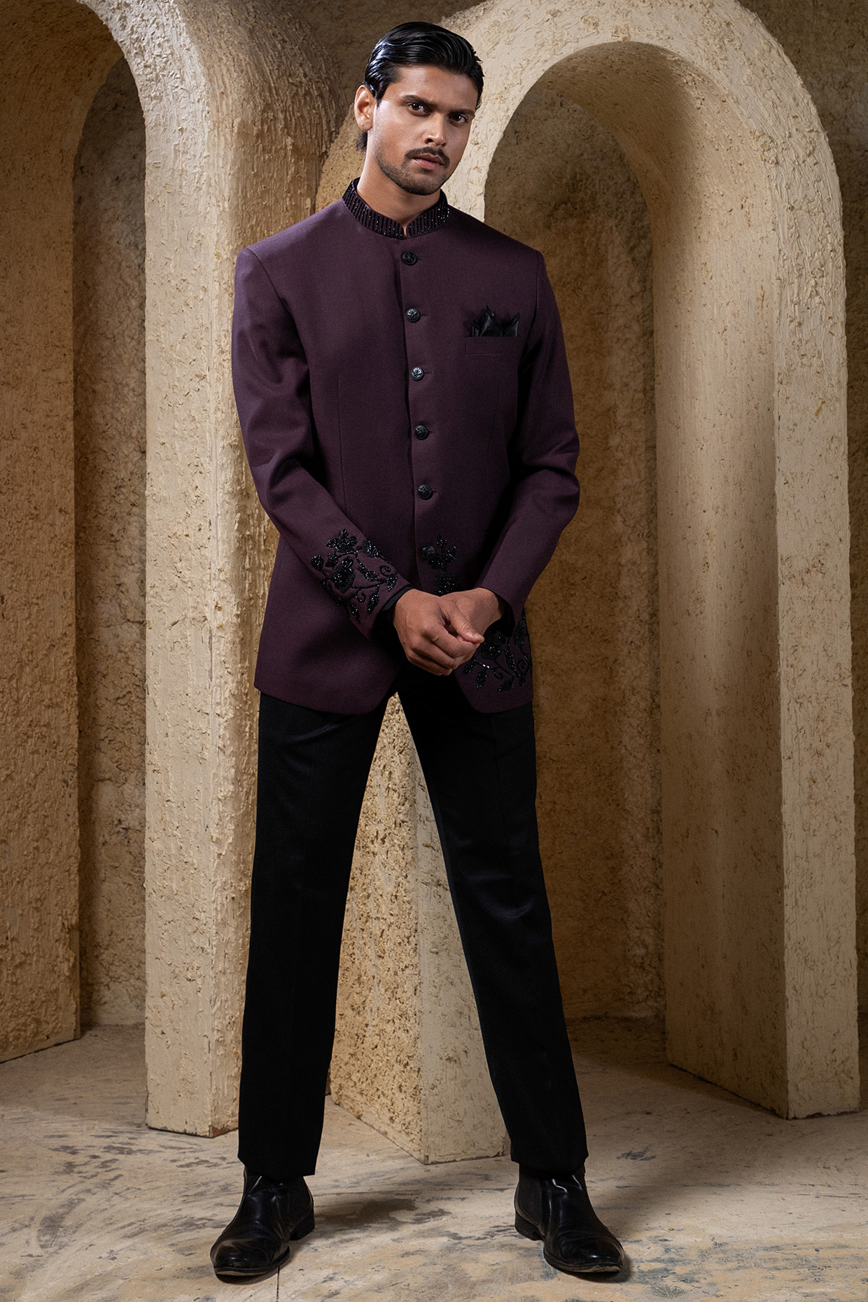 Wine Suiting Thread Embroidered Bandhgala Set by Darshika