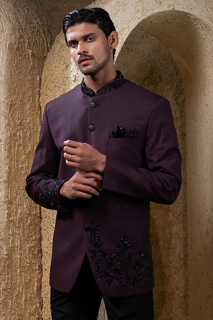 Wine Suiting Thread Embroidered Wedding Bandhgala Set by Darshika at Pernia's Pop Up Shop