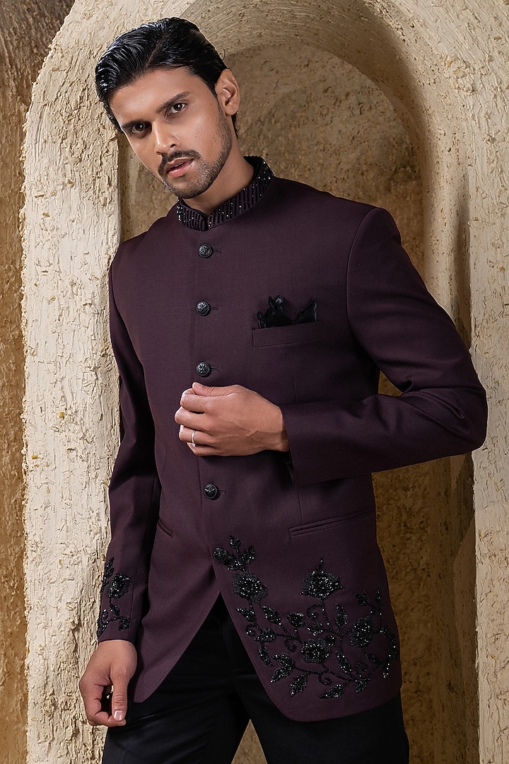 Wine Suiting Thread Embroidered Wedding Bandhgala Set by Darshika at Pernia's Pop Up Shop