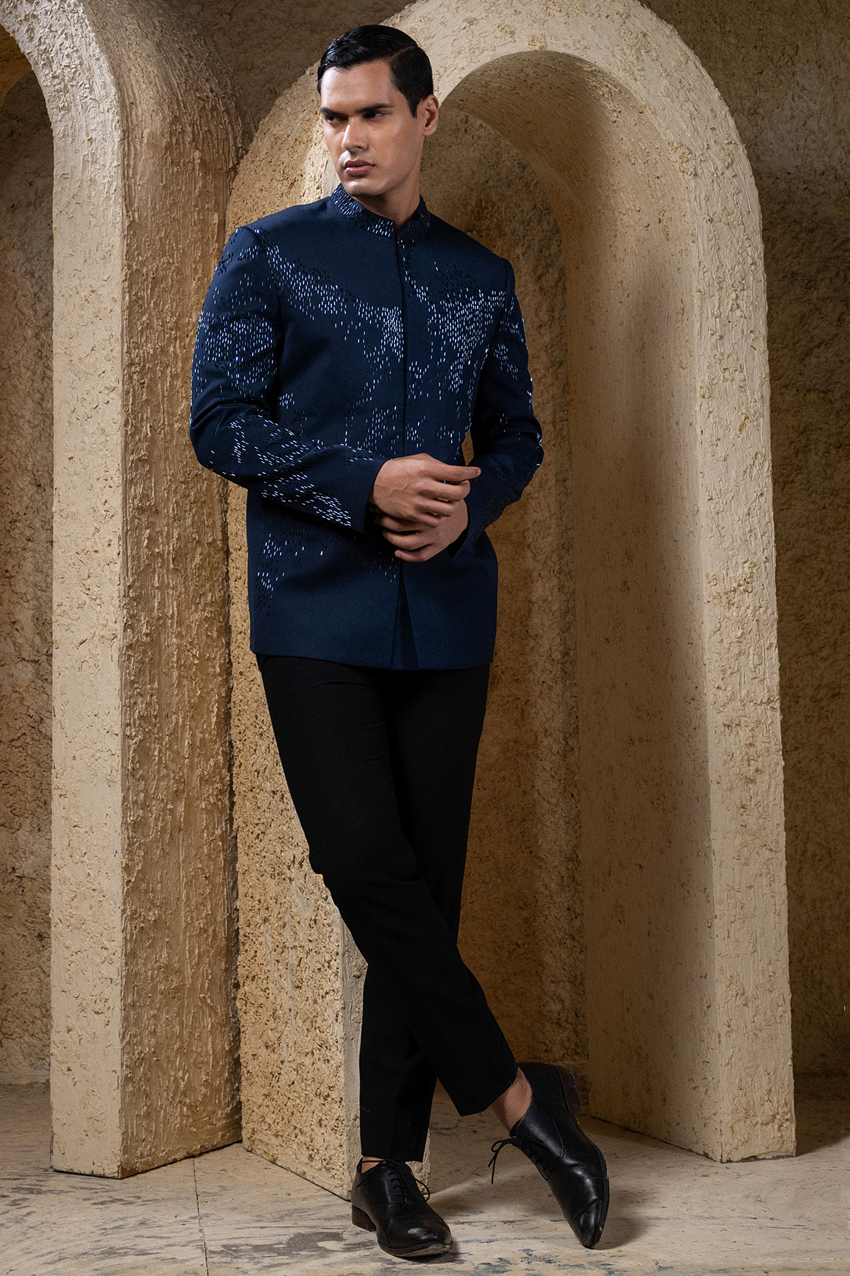 Blue Suiting Thread Embroidered Bandhgala Set by Darshika