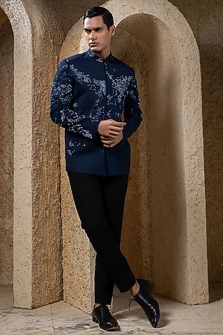 Blue Suiting Thread Embroidered Bandhgala Set by Darshika
