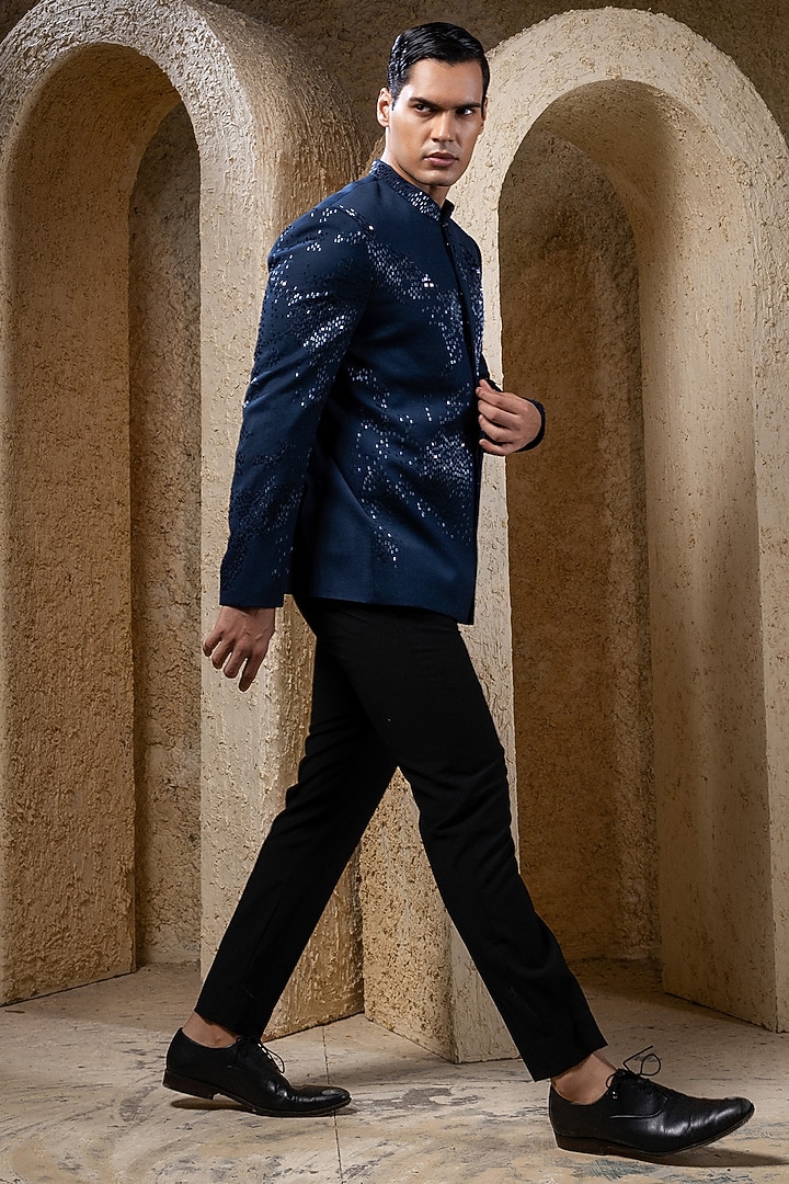 Blue Suiting Thread Embroidered Wedding Bandhgala Set by Darshika at Pernia's Pop Up Shop