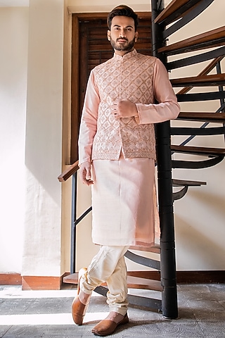Rose Pink Silk Chanderi Hand Embroidered Bundi Jacket Set by Darshika