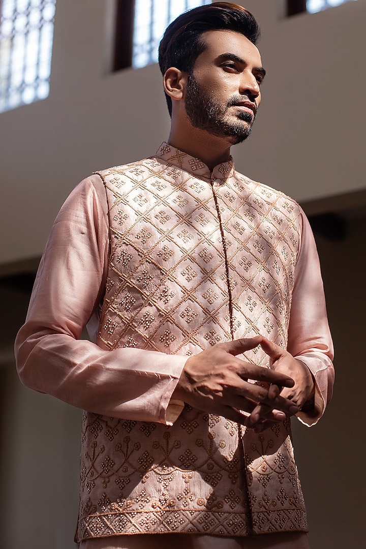 Rose Pink Silk Chanderi Hand Embroidered Bundi Jacket Set by Darshika at Pernia's Pop Up Shop